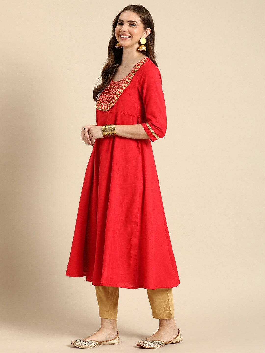 Red and Gold-Toned Women Ethnic Kurta with Zari Work – A-Line, Calf-Length | Indiaista