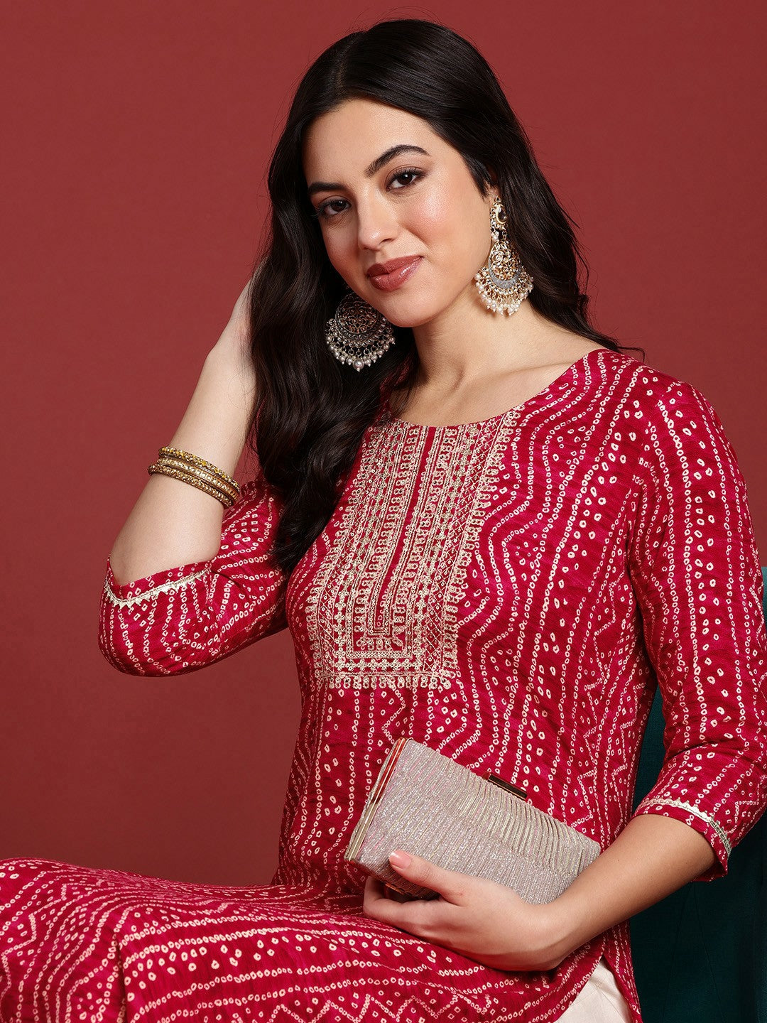 Buy Pink Bandhani Printed Thread Work Women's Kurta | Indiaista