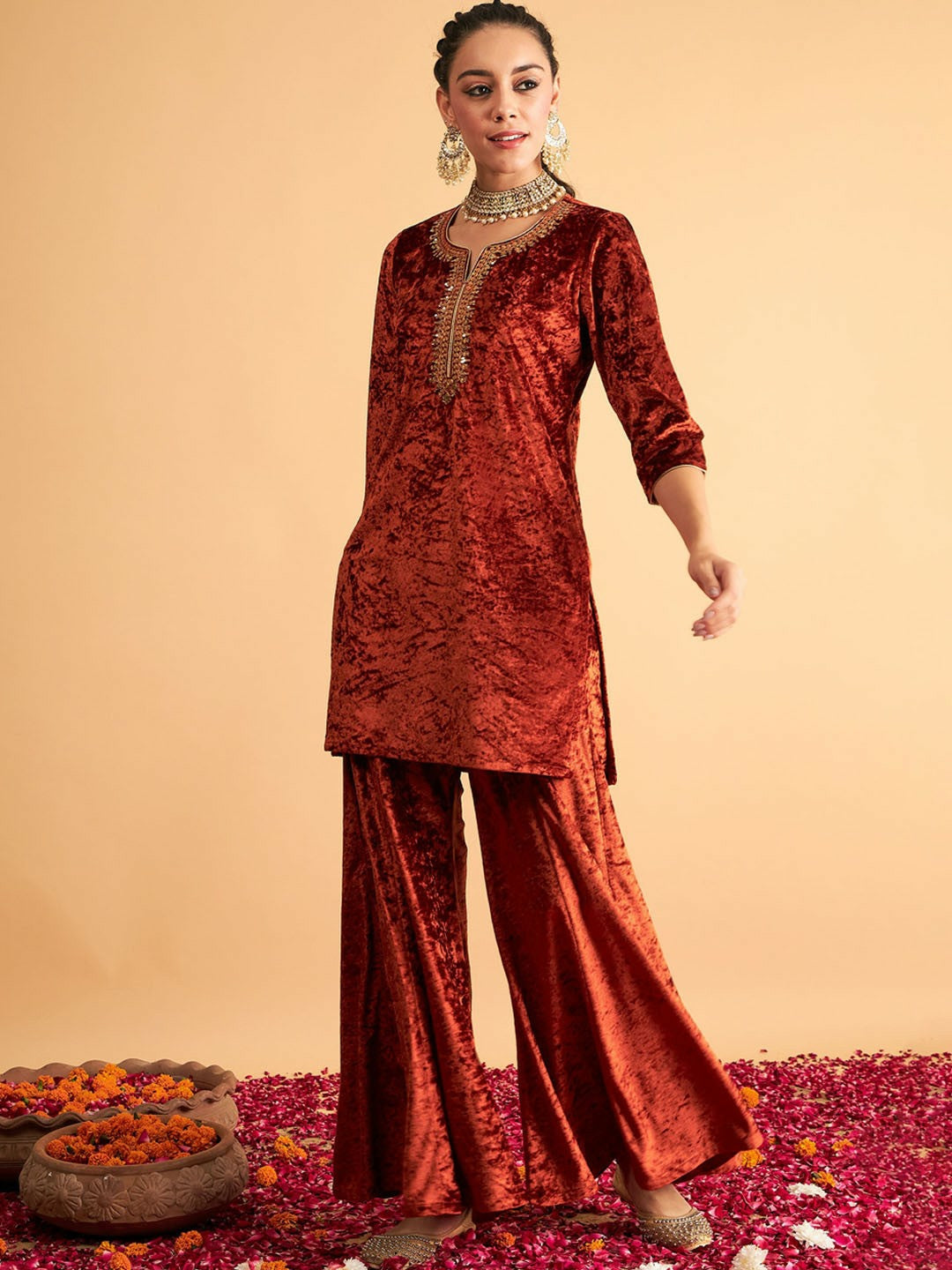 Rust & Gold-Toned Velvet A-Line Kurta with Floral Embroidery & Sequinned Detail | Indiaista