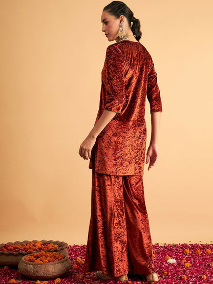 Rust & Gold-Toned Velvet A-Line Kurta with Floral Embroidery & Sequinned Detail | Indiaista