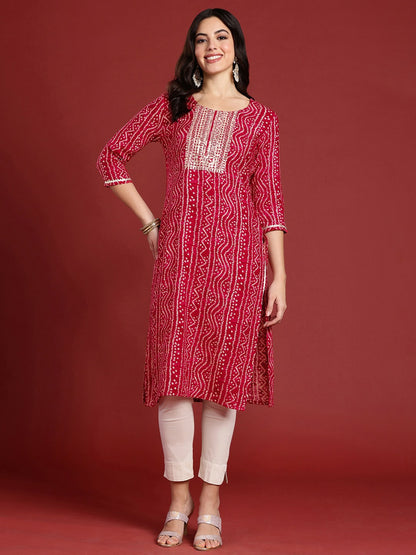 Buy Pink Bandhani Printed Thread Work Women's Kurta | Indiaista