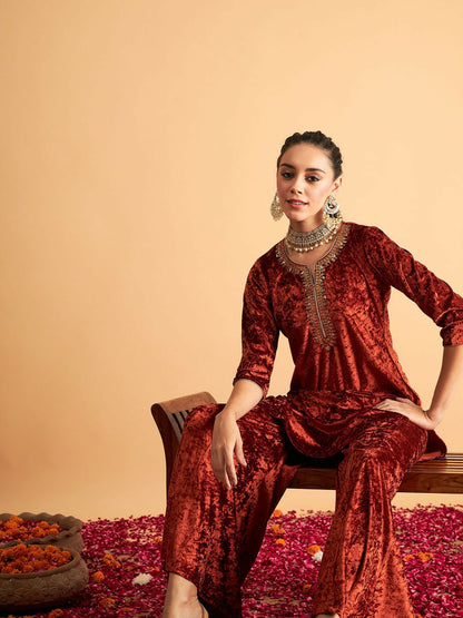 Rust & Gold-Toned Velvet A-Line Kurta with Floral Embroidery & Sequinned Detail | Indiaista