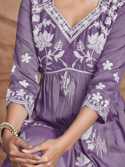 Lavender Chikankari Embroidered Anarkali Kurta - Floral Yoke, V-Neck & Pleated Design | Indiaista