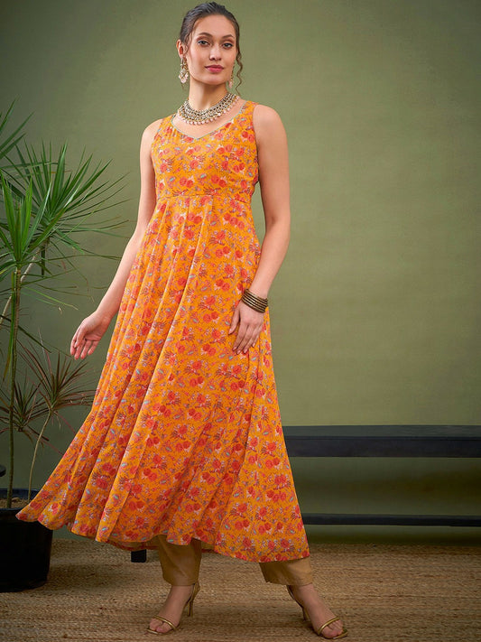 Yellow Ethnic Motifs Printed Georgette Kurta for Women | Sleeveless Ankle-Length A-Line Kurta with Zari Detail - Indiaista