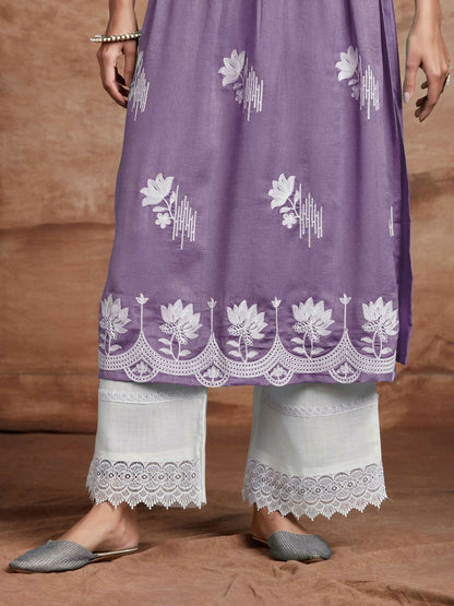 Lavender Chikankari Embroidered Anarkali Kurta - Floral Yoke, V-Neck & Pleated Design | Indiaista