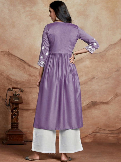 Lavender Chikankari Embroidered Anarkali Kurta - Floral Yoke, V-Neck & Pleated Design | Indiaista