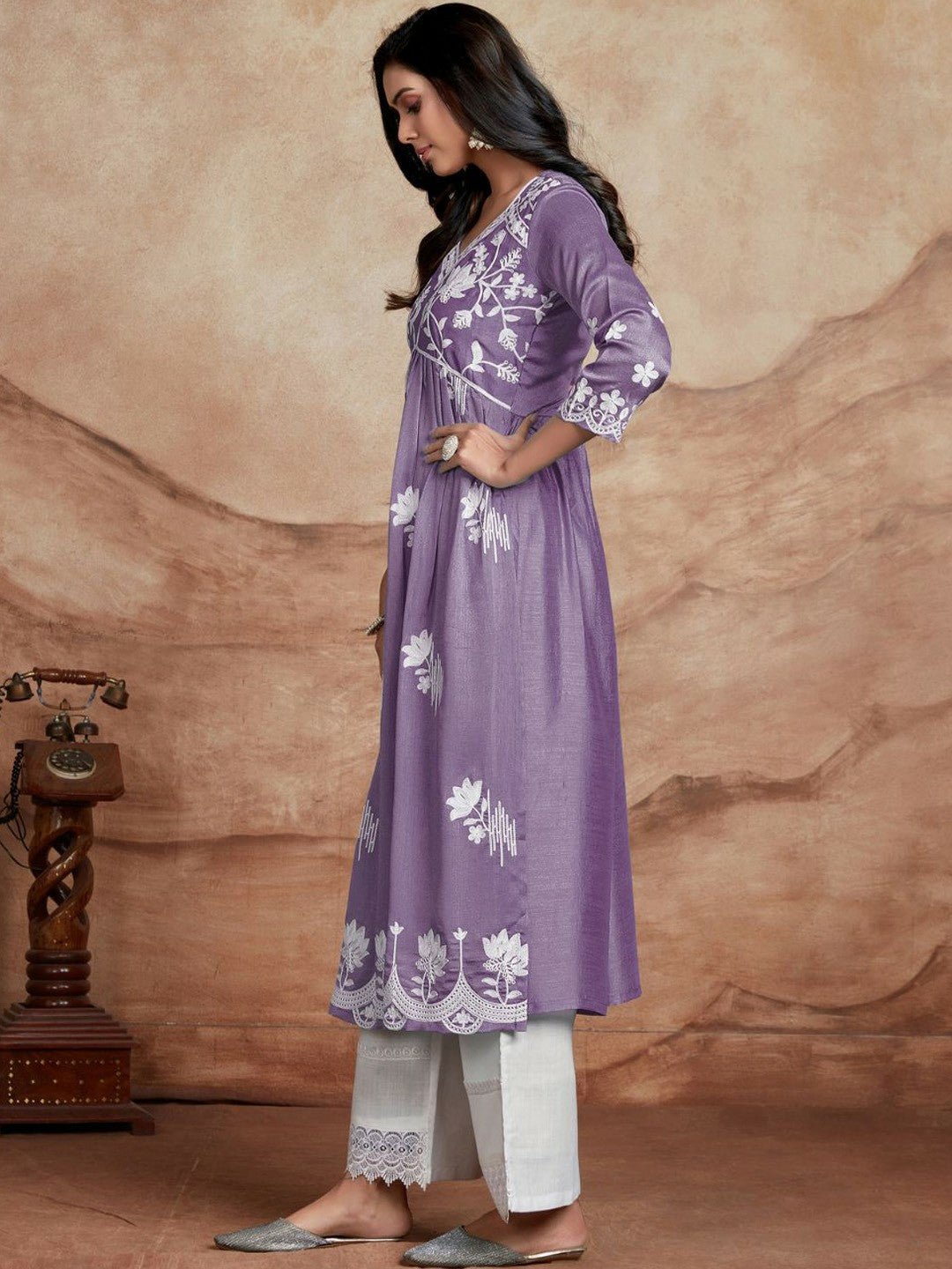 Lavender Chikankari Embroidered Anarkali Kurta - Floral Yoke, V-Neck & Pleated Design | Indiaista