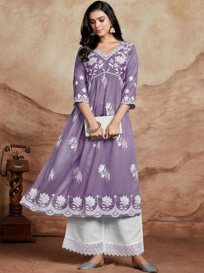 Lavender Chikankari Embroidered Anarkali Kurta - Floral Yoke, V-Neck & Pleated Design | Indiaista