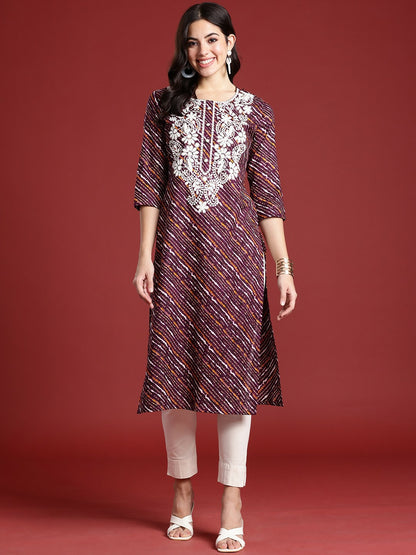 Buy Burgundy & Mustard Yellow Leheriya Embroidered Chikankari Cotton Kurta for Women - Indiaista