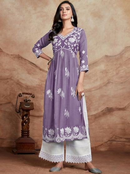 Lavender Chikankari Embroidered Anarkali Kurta - Floral Yoke, V-Neck & Pleated Design | Indiaista