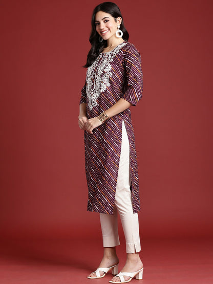 Buy Burgundy & Mustard Yellow Leheriya Embroidered Chikankari Cotton Kurta for Women - Indiaista