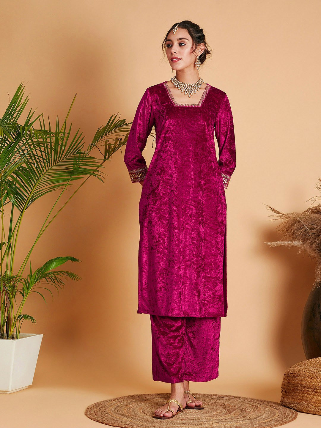 Fuchsia Sequinned Velvet Straight Kurta for Women - Stylish Ethnic Wear | Indiaista