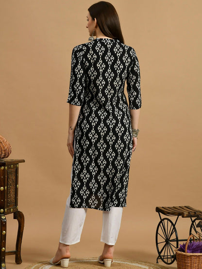 Black and White Geometric Printed Straight Kurta with Mandarin Collar | Indiaista