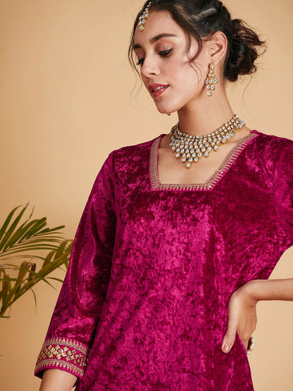 Fuchsia Sequinned Velvet Straight Kurta for Women - Stylish Ethnic Wear | Indiaista