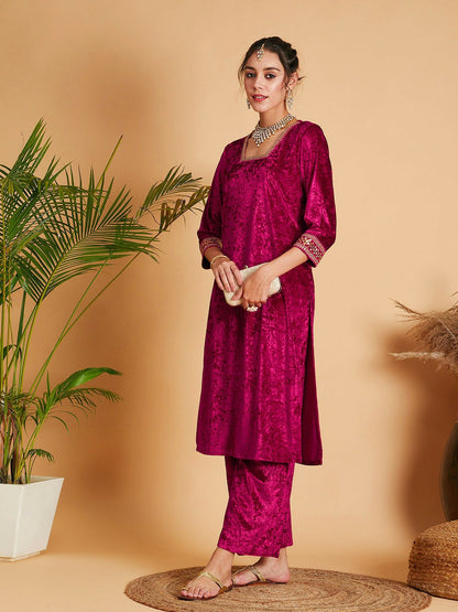 Fuchsia Sequinned Velvet Straight Kurta for Women - Stylish Ethnic Wear | Indiaista