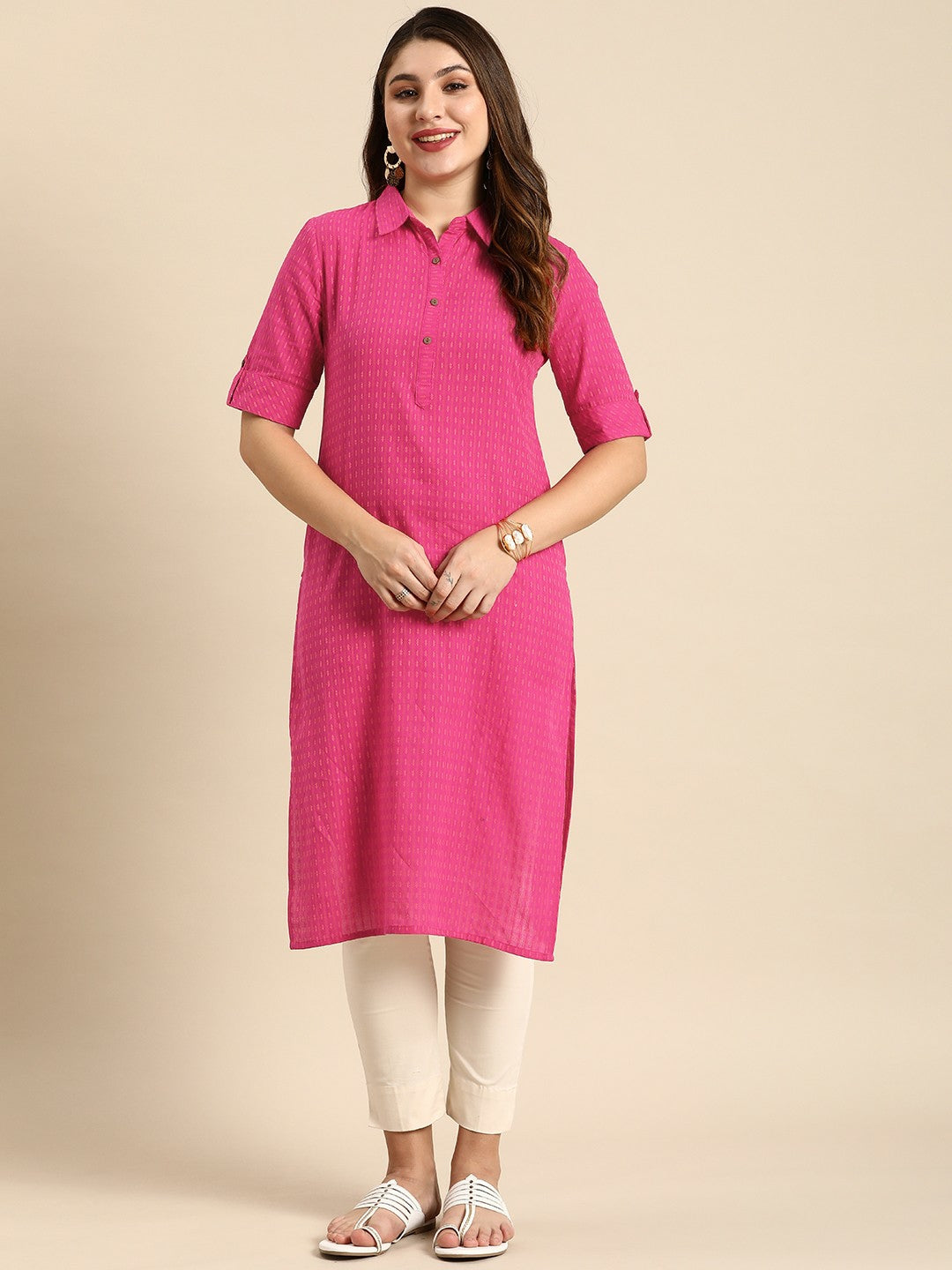 Buy Pink Striped Dobby Cotton Kurta for Women - Shirt Collar, Calf-Length | Indiaista