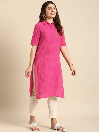 Buy Pink Striped Dobby Cotton Kurta for Women - Shirt Collar, Calf-Length | Indiaista