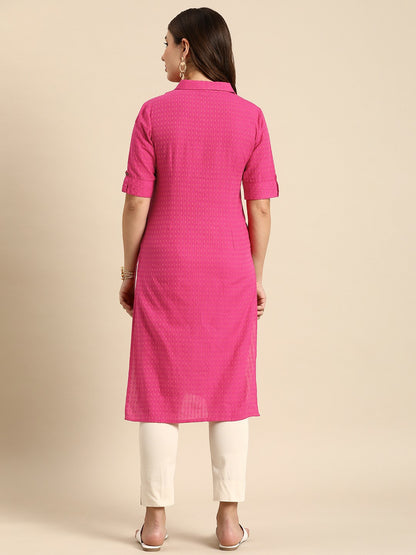 Buy Pink Striped Dobby Cotton Kurta for Women - Shirt Collar, Calf-Length | Indiaista