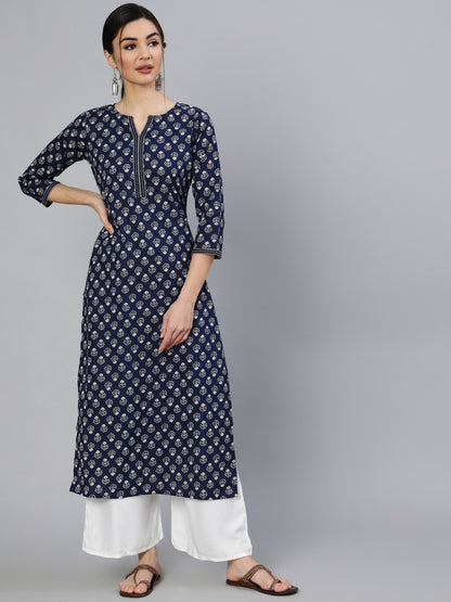 Navy Blue & White Ethnic Motif Cotton Kurta for Women - Indiaista