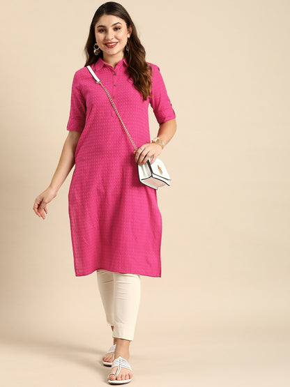 Buy Pink Striped Dobby Cotton Kurta for Women - Shirt Collar, Calf-Length | Indiaista