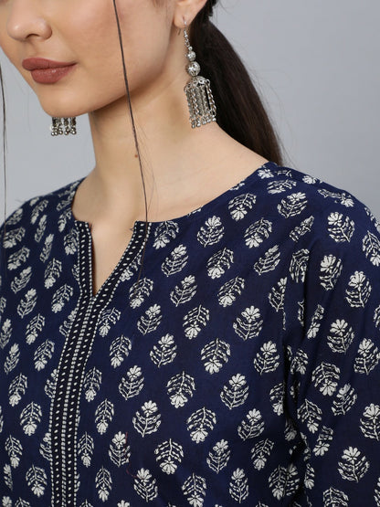 Navy Blue & White Ethnic Motif Cotton Kurta for Women - Indiaista