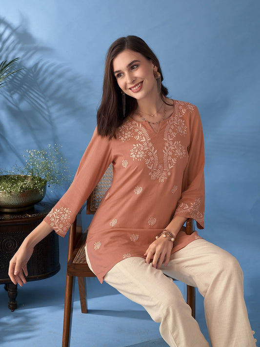 Buy Women’s Floral Embroidered Rust & White Kurta - Notch Neck, Three-Quarter Sleeves | Indiaista