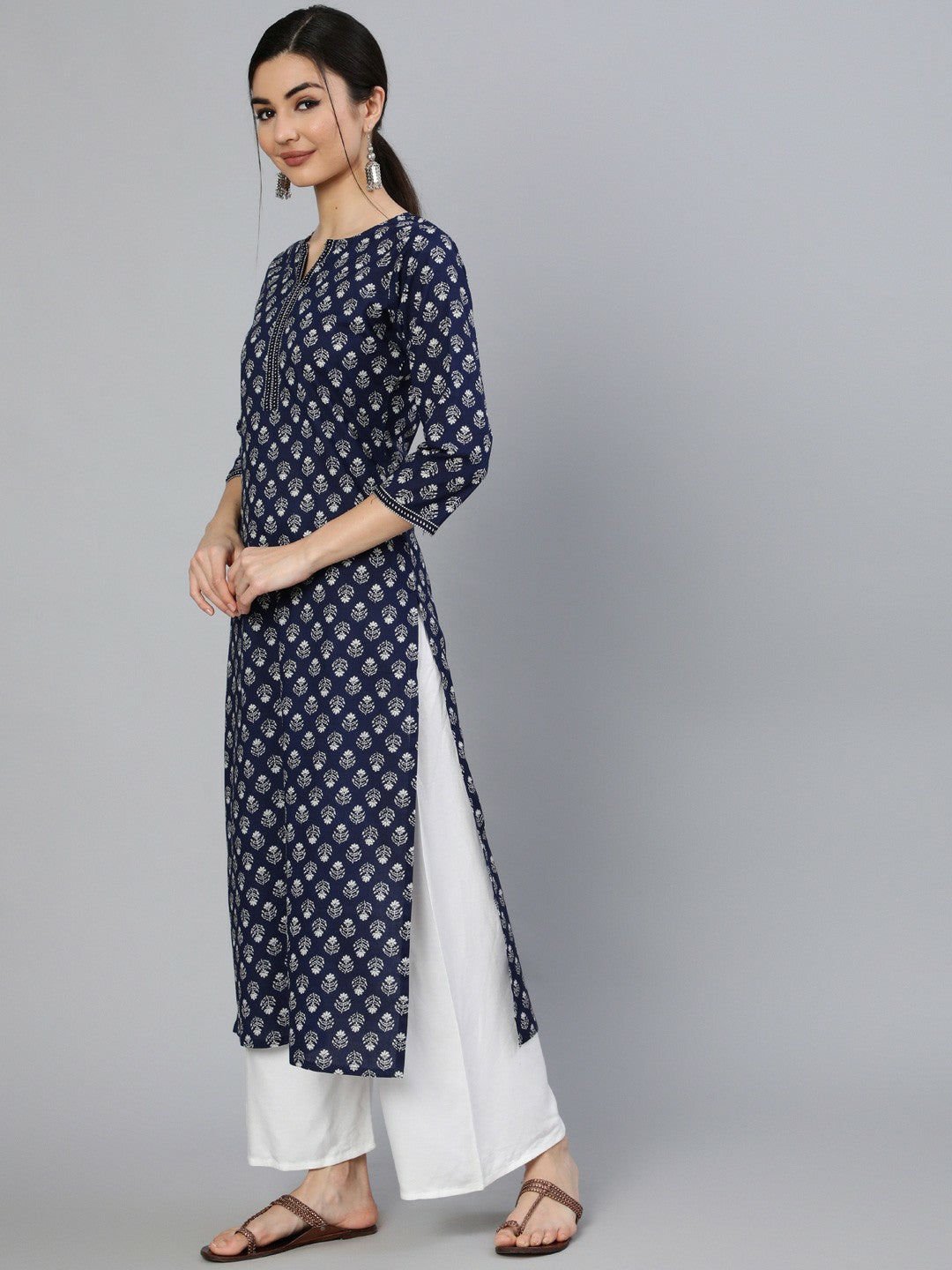 Navy Blue & White Ethnic Motif Cotton Kurta for Women - Indiaista