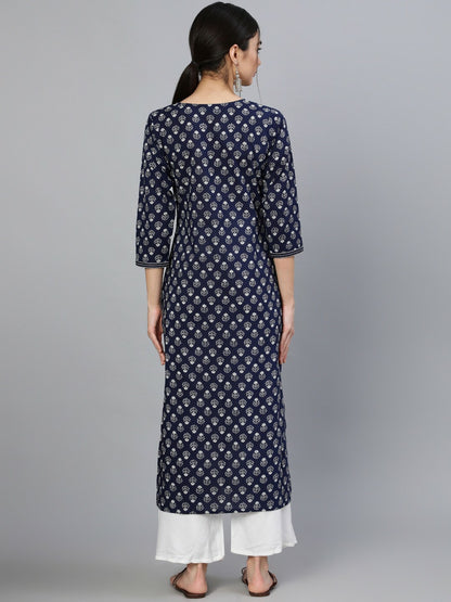 Navy Blue & White Ethnic Motif Cotton Kurta for Women - Indiaista