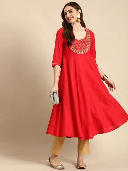 Red and Gold-Toned Women Ethnic Kurta with Zari Work – A-Line, Calf-Length | Indiaista