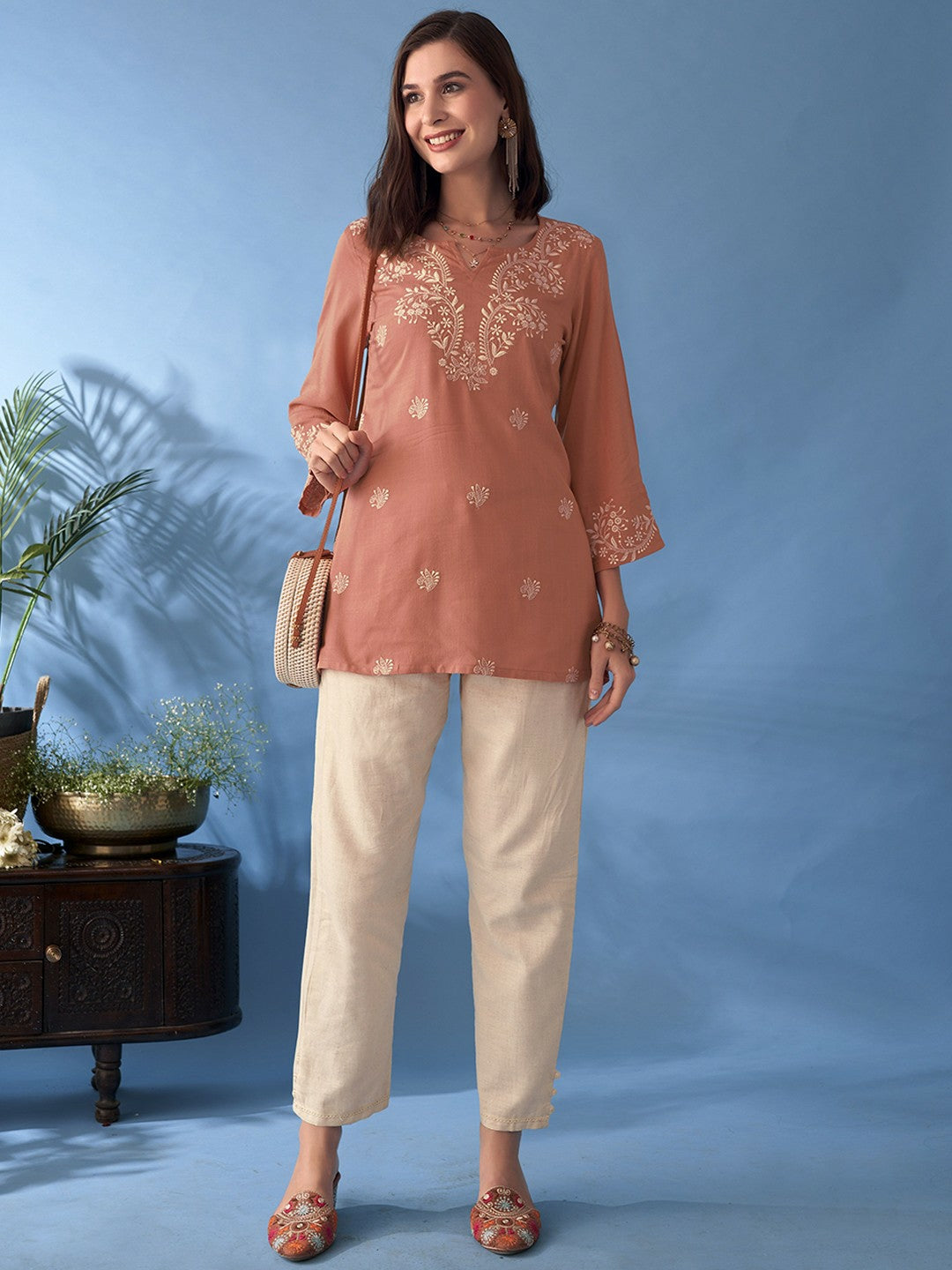 Buy Women’s Floral Embroidered Rust & White Kurta - Notch Neck, Three-Quarter Sleeves | Indiaista