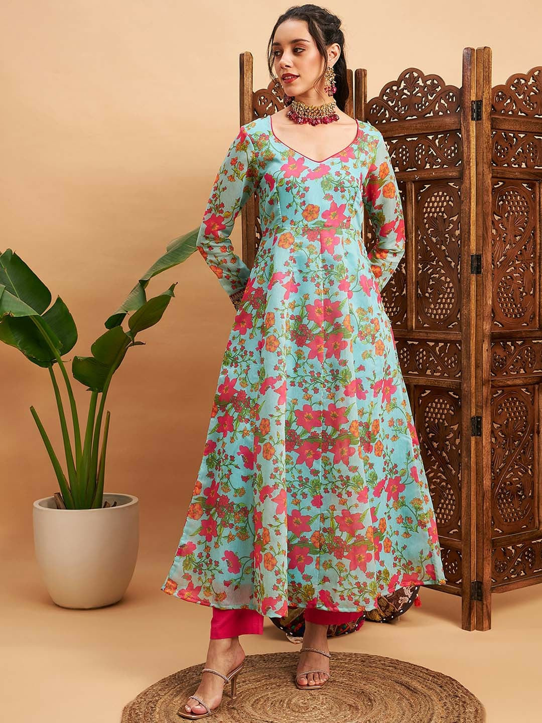 Buy Blue & Pink Floral Printed V-Neck Chanderi Silk Anarkali Kurta for Women - Indiaista