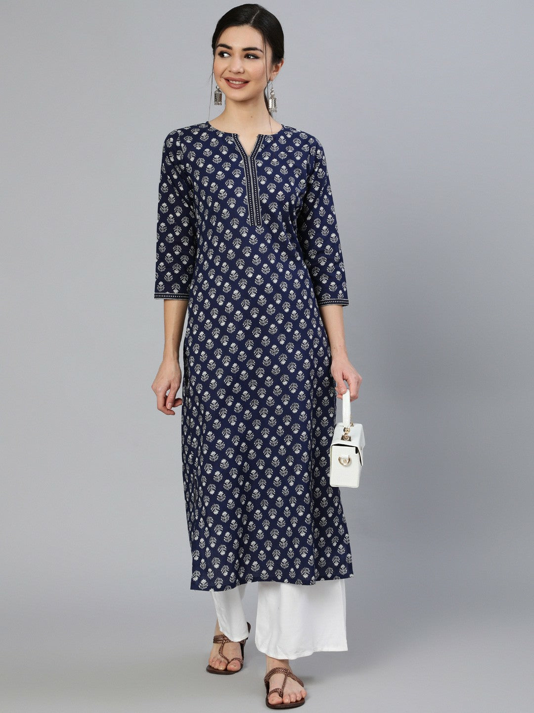 Navy Blue & White Ethnic Motif Cotton Kurta for Women - Indiaista