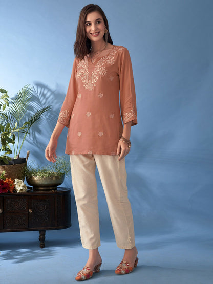 Buy Women’s Floral Embroidered Rust & White Kurta - Notch Neck, Three-Quarter Sleeves | Indiaista