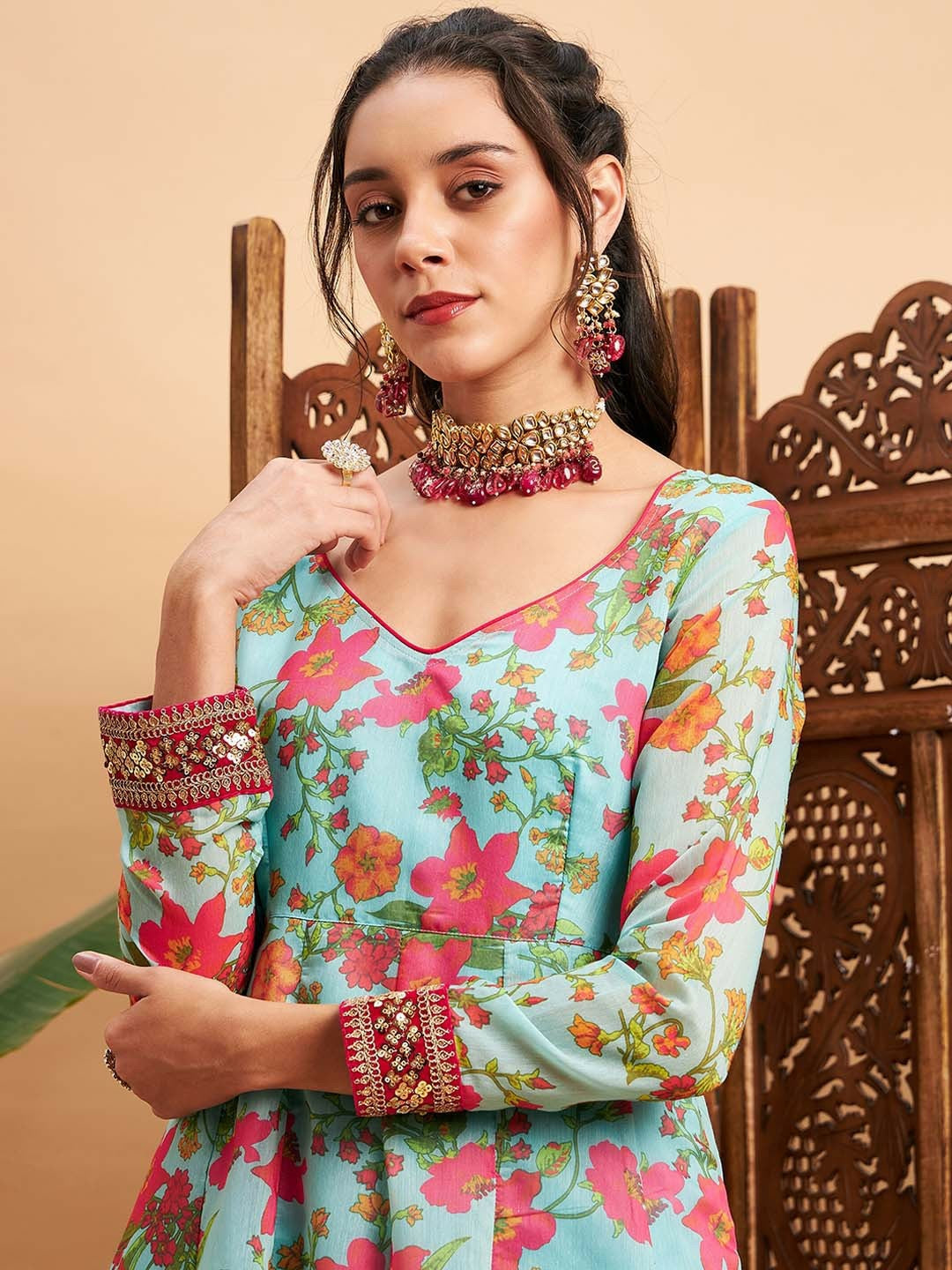 Buy Blue & Pink Floral Printed V-Neck Chanderi Silk Anarkali Kurta for Women - Indiaista