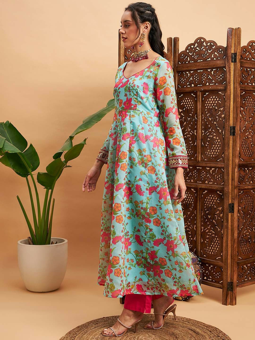 Buy Blue & Pink Floral Printed V-Neck Chanderi Silk Anarkali Kurta for Women - Indiaista