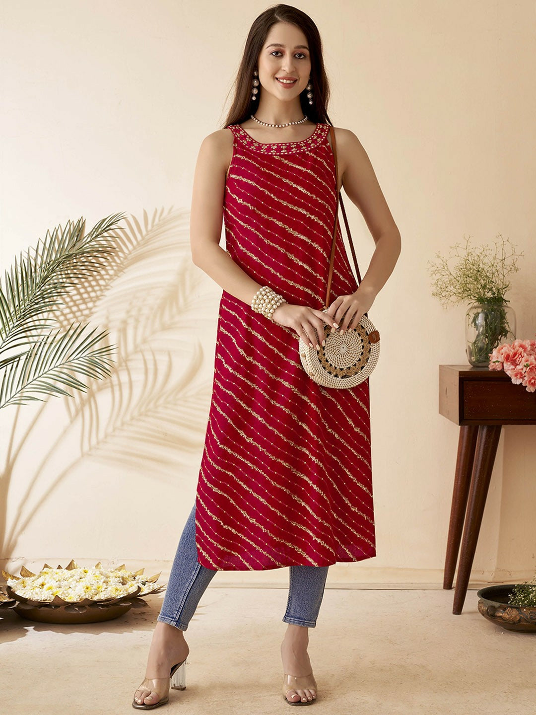 Leheriya Printed Fuchsia & Red Devil Straight Kurta for Women - Stylish Sleeveless Kurta | IndiaIsta