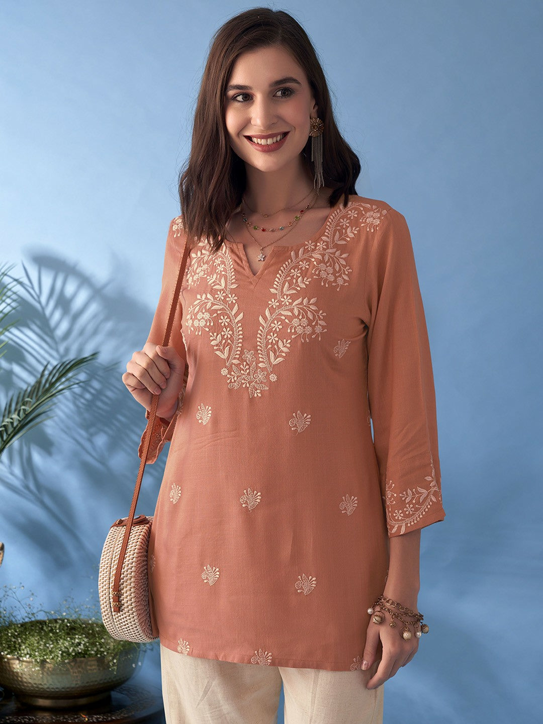 Buy Women’s Floral Embroidered Rust & White Kurta - Notch Neck, Three-Quarter Sleeves | Indiaista