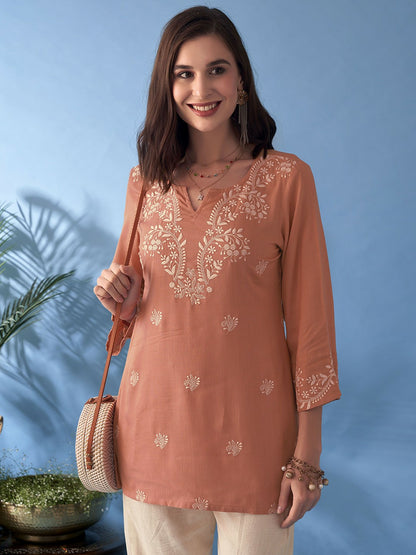 Buy Women’s Floral Embroidered Rust & White Kurta - Notch Neck, Three-Quarter Sleeves | Indiaista