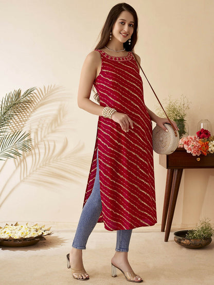 Leheriya Printed Fuchsia & Red Devil Straight Kurta for Women - Stylish Sleeveless Kurta | IndiaIsta