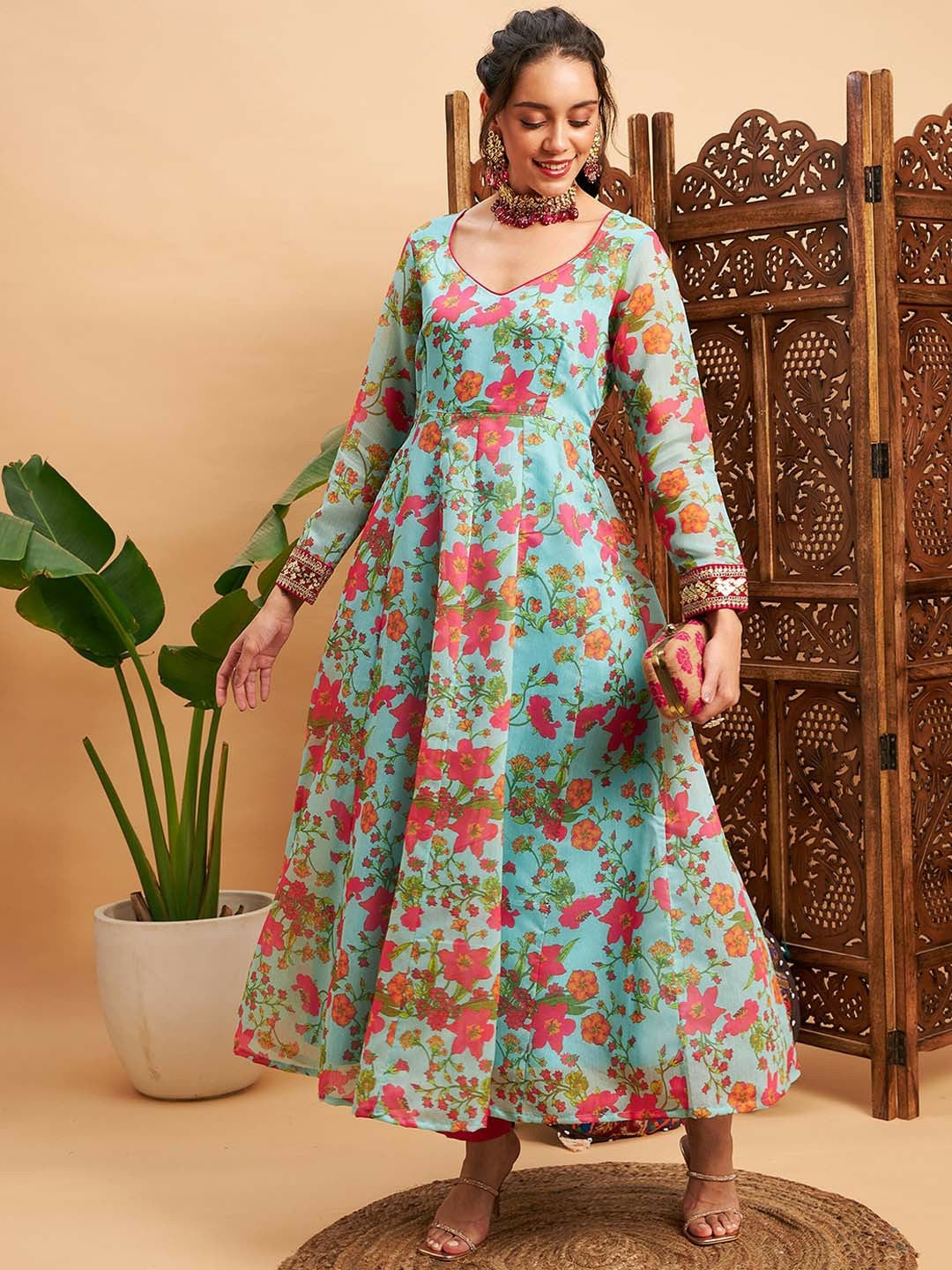 Buy Blue & Pink Floral Printed V-Neck Chanderi Silk Anarkali Kurta for Women - Indiaista