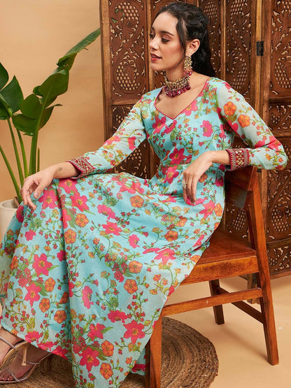 Buy Blue & Pink Floral Printed V-Neck Chanderi Silk Anarkali Kurta for Women - Indiaista