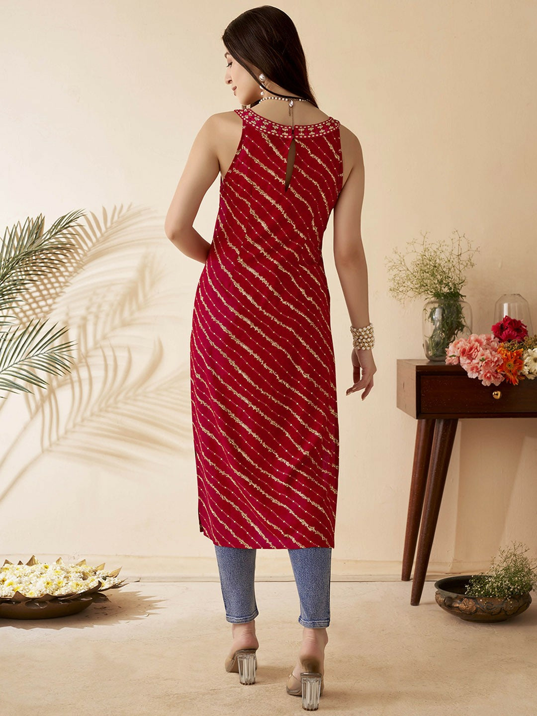 Leheriya Printed Fuchsia & Red Devil Straight Kurta for Women - Stylish Sleeveless Kurta | IndiaIsta