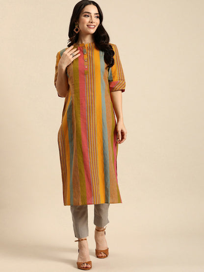 Buy Multicoloured Striped Cotton Kurta for Women | Stylish Mandarin Collar Kurta - Indiaista