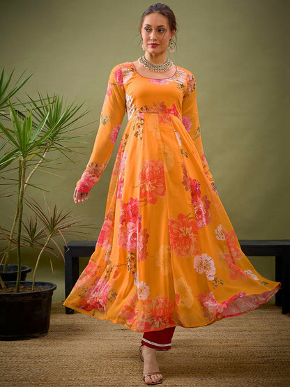 Yellow Abstract Printed Georgette Kurta with Zari Detail | Women’s Floral A-Line Ankle Length Kurta - Indiaista