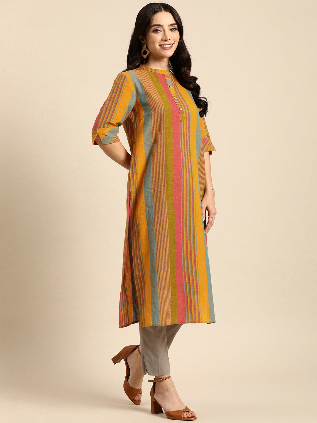 Buy Multicoloured Striped Cotton Kurta for Women | Stylish Mandarin Collar Kurta - Indiaista