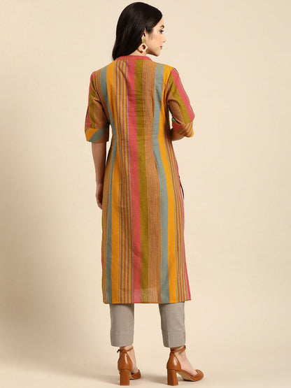 Buy Multicoloured Striped Cotton Kurta for Women | Stylish Mandarin Collar Kurta - Indiaista