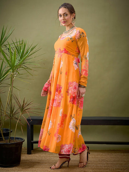 Yellow Abstract Printed Georgette Kurta with Zari Detail | Women’s Floral A-Line Ankle Length Kurta - Indiaista