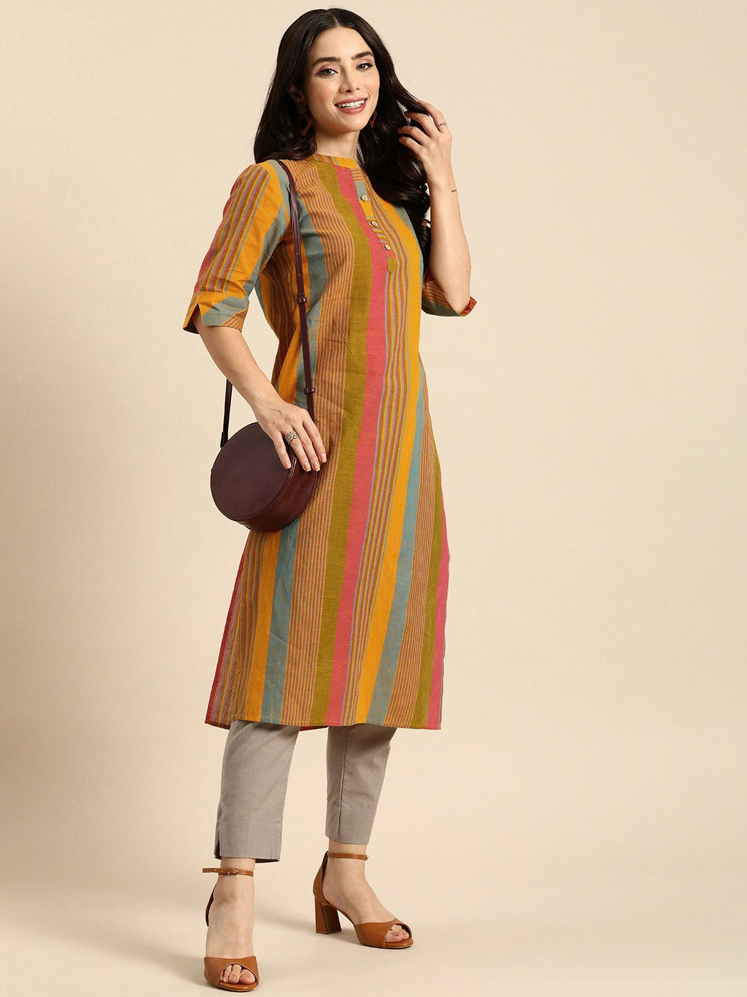 Buy Multicoloured Striped Cotton Kurta for Women | Stylish Mandarin Collar Kurta - Indiaista