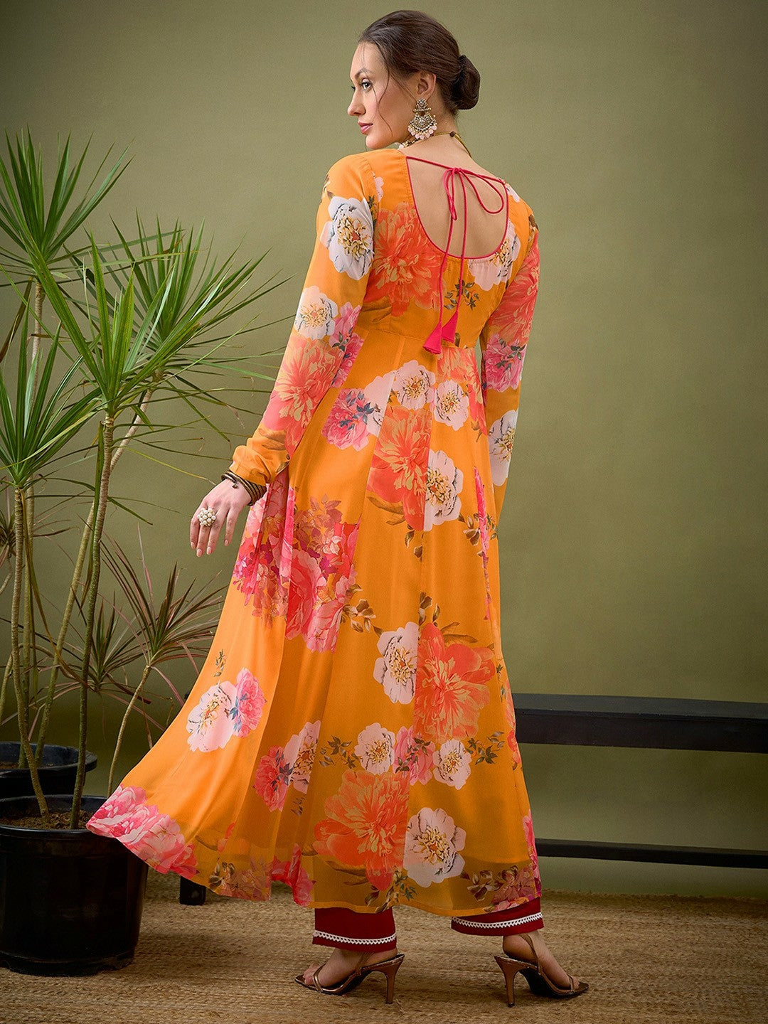 Yellow Abstract Printed Georgette Kurta with Zari Detail | Women’s Floral A-Line Ankle Length Kurta - Indiaista