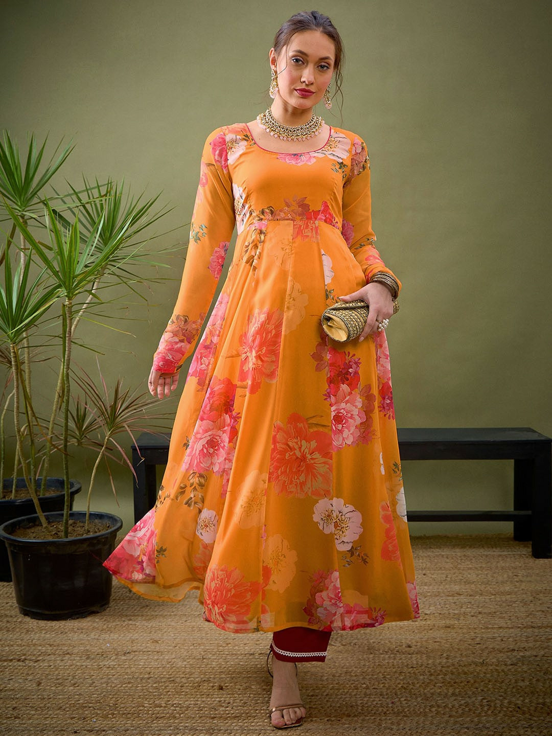 Yellow Abstract Printed Georgette Kurta with Zari Detail | Women’s Floral A-Line Ankle Length Kurta - Indiaista